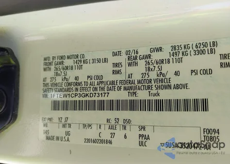 2016 Ford F-150 Xlt из США, поврежденный, VIN 1FTEW1CP3GKD73177